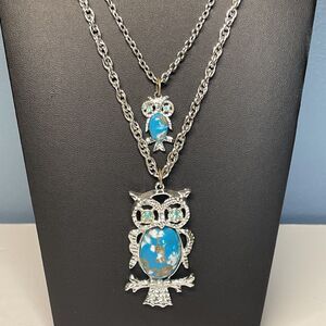 Vintage Faux Turquoise Mama & Baby Owl Double Strand Necklace